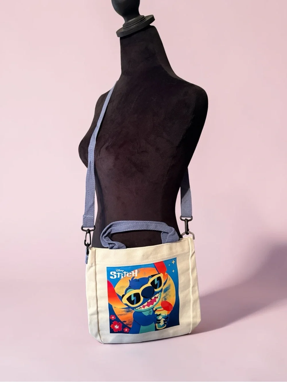 Disney Stitch Canvas Tote with Blue Handles and Strap